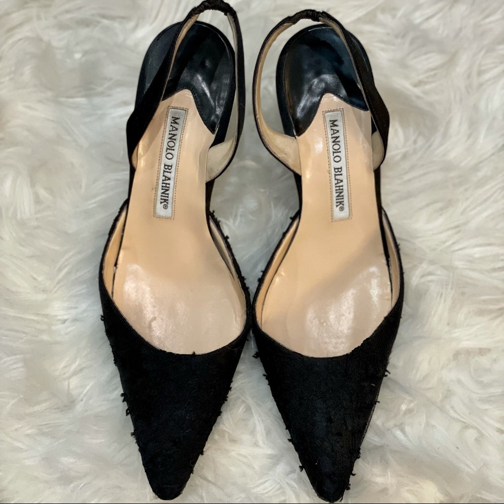 Manolo Blahnik Black Satin&Lace Slingback Kitten